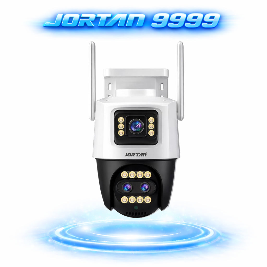 Cameră de Supraveghere WiFi Jortan 9999Pro, 9MP, Dual Lens, PTZ 360°, IP66, Vedere Nocturnă Color, Audio Bidirecțional, Aplicație ICSee, Card MicroSD 64GB Inclus
