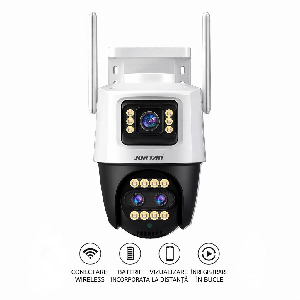 Pachet 2 Cameră de Supraveghere WiFi Jortan 9999Pro, 9MP, Dual Lens, PTZ 360°, IP66, Vedere Nocturnă Color, Audio Bidirecțional, Aplicație ICSee, 2 Carduri MicroSD 64GB Incluse
