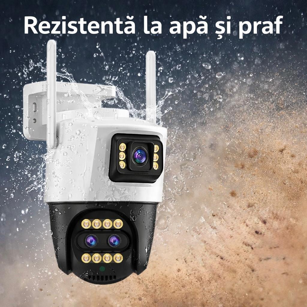 Pachet 2 Cameră de Supraveghere WiFi Jortan 9999Pro, 9MP, Dual Lens, PTZ 360°, IP66, Vedere Nocturnă Color, Audio Bidirecțional, Aplicație ICSee, 2 Carduri MicroSD 64GB Incluse