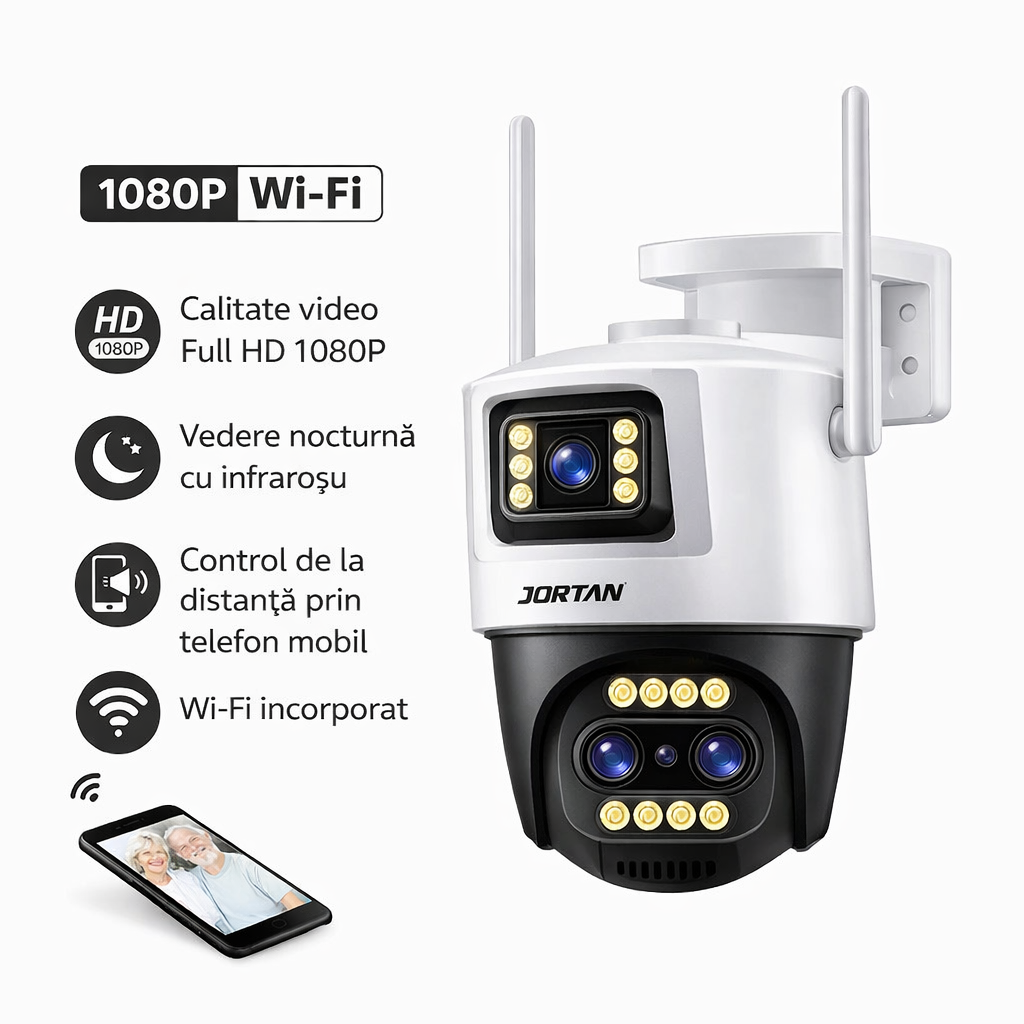 Pachet 2 Cameră de Supraveghere WiFi Jortan 9999Pro, 9MP, Dual Lens, PTZ 360°, IP66, Vedere Nocturnă Color, Audio Bidirecțional, Aplicație ICSee, 2 Carduri MicroSD 64GB Incluse