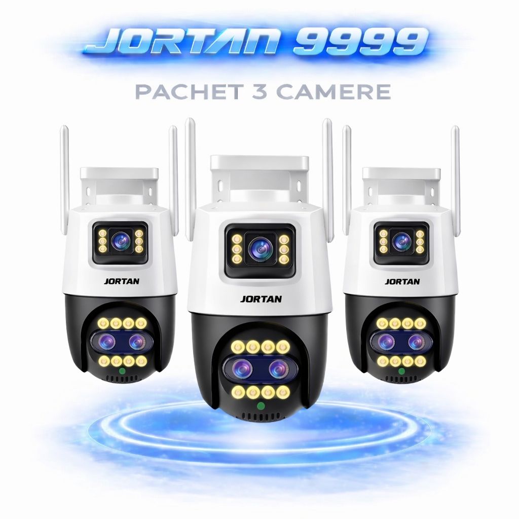 Pachet 3 Cameră de Supraveghere WiFi Jortan 9999Pro, 9MP, Dual Lens, PTZ 360°, IP66, Vedere Nocturnă Color, Audio Bidirecțional, Aplicație ICSee, 3 Carduri MicroSD 64GB Incluse