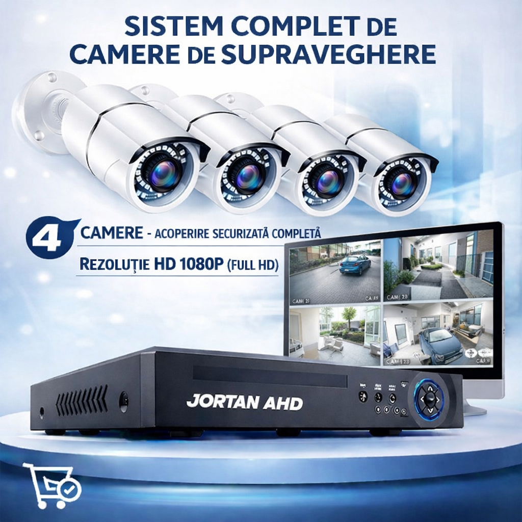 Sistem de Supraveghere CCTV Jortan, 4 Camere, DVR Inclus, PTZ 360°, Vedere Nocturna IR, Detectie Miscare, Monitorizare 24/7, Acces Mobil
