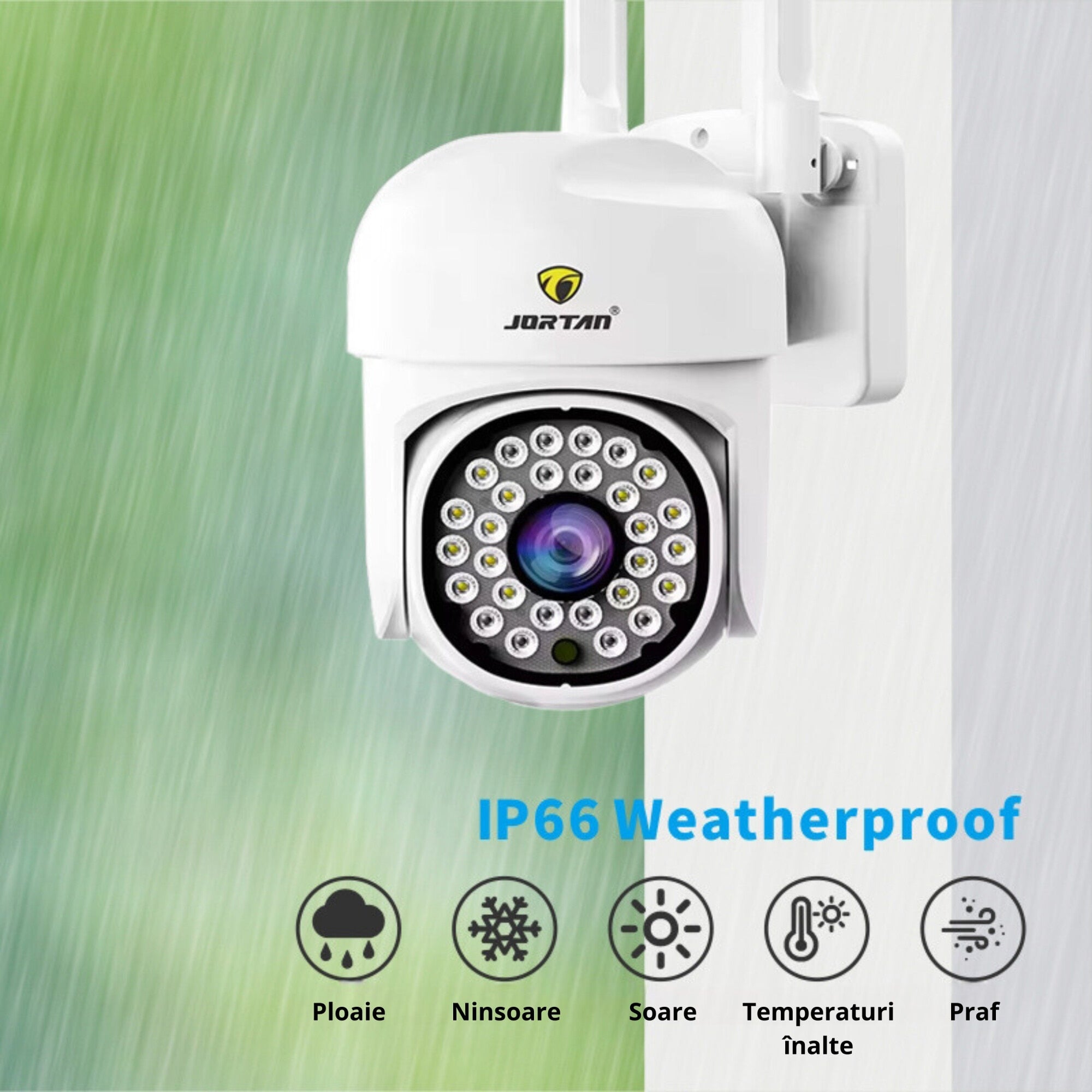 Pachet 2 Camere de Supraveghere WiFi Jortan 8161, 2MP Full HD 1080P, PTZ 355°, Exterior IP66, Vedere Nocturna Color, Audio Bidirectional, Aplicatie Yoosee, 2 Carduri MicroSD 32GB Incluse