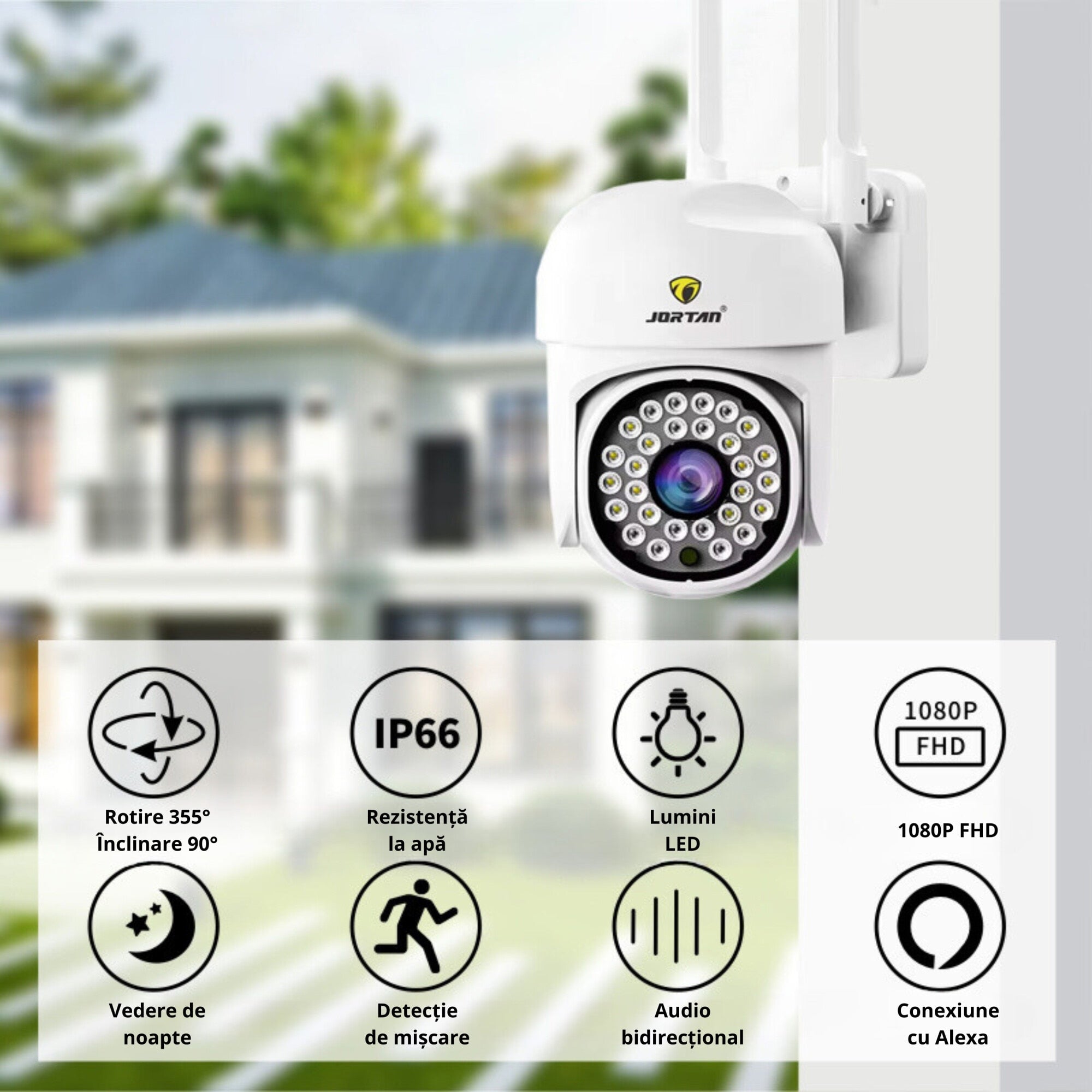 Pachet 2 Camere de Supraveghere WiFi Jortan 8161, 2MP Full HD 1080P, PTZ 355°, Exterior IP66, Vedere Nocturna Color, Audio Bidirectional, Aplicatie Yoosee, 2 Carduri MicroSD 32GB Incluse