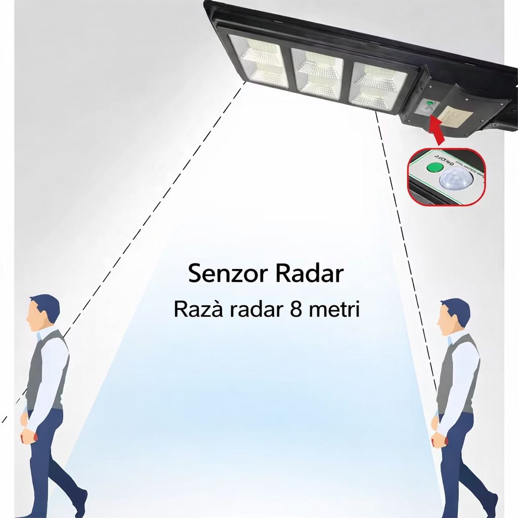Lampa Solara Stradala 300W JORTAN cu 220LED SMD, Panou Solar Integrat, Acumulator Intern Reincarcabil, Telecomanda pentru Controlul Lampii, Iluminare Alb Rece, Senzor de Miscare, Autonomie pana la 10h, Montaj pe Stalp sau Perete, Protectie IP65