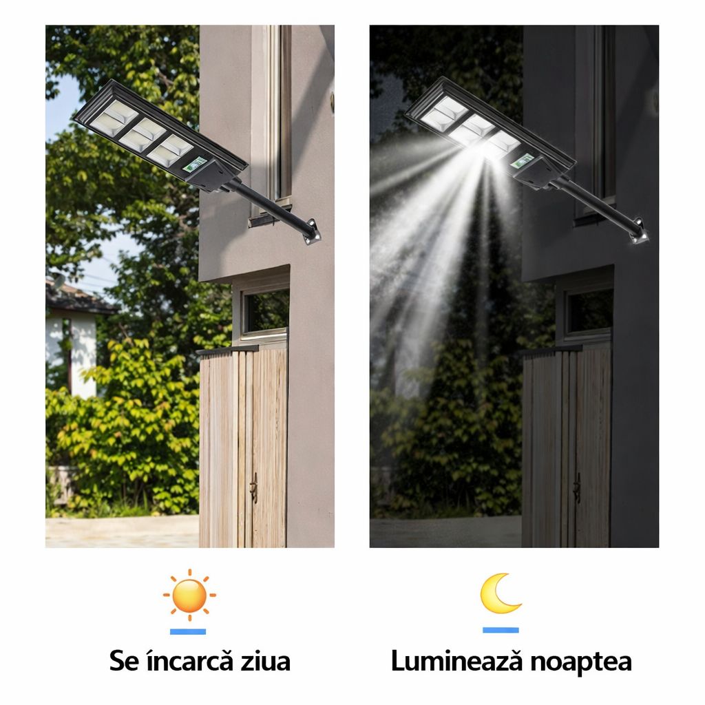 Lampa Solara Stradala 300W JORTAN cu 220LED SMD, Panou Solar Integrat, Acumulator Intern Reincarcabil, Telecomanda pentru Controlul Lampii, Iluminare Alb Rece, Senzor de Miscare, Autonomie pana la 10h, Montaj pe Stalp sau Perete, Protectie IP65