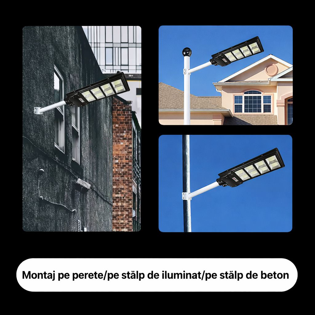 Lampa Solara Stradala 300W JORTAN cu 220LED SMD, Panou Solar Integrat, Acumulator Intern Reincarcabil, Telecomanda pentru Controlul Lampii, Iluminare Alb Rece, Senzor de Miscare, Autonomie pana la 10h, Montaj pe Stalp sau Perete, Protectie IP65