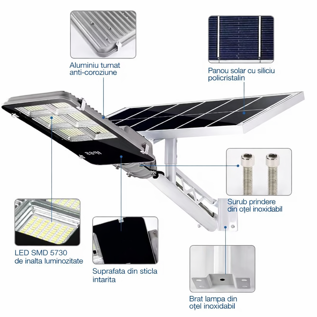 Lampa Solara Stradala 400W JORTAN cu 400 LED SMD, Panou Solar 38W, Baterie 35.000 mAh, Brat de Montare Inclus, Telecomanda pentru Controlul Lampii, Iluminare 6500K Alb Rece, Unghi 120°, Autonomie pana la 24h, Protectie IP66