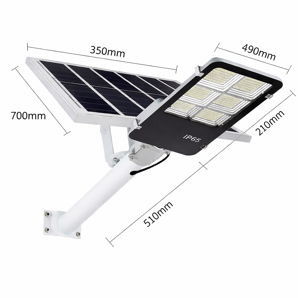 Lampa Solara Stradala 400W JORTAN cu 400 LED SMD, Panou Solar 38W, Baterie 35.000 mAh, Brat de Montare Inclus, Telecomanda pentru Controlul Lampii, Iluminare 6500K Alb Rece, Unghi 120°, Autonomie pana la 24h, Protectie IP66