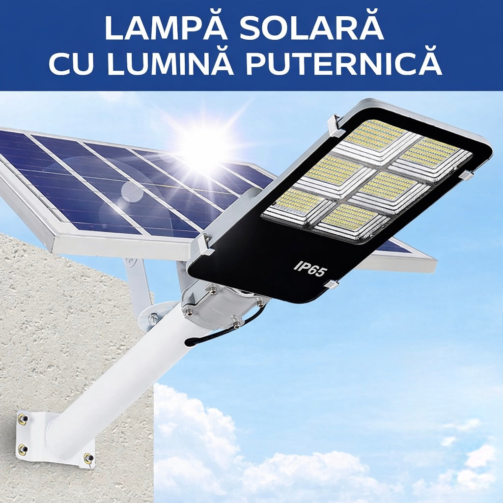 Lampa Solara Stradala 400W JORTAN cu 400 LED SMD, Panou Solar 38W, Baterie 35.000 mAh, Brat de Montare Inclus, Telecomanda pentru Controlul Lampii, Iluminare 6500K Alb Rece, Unghi 120°, Autonomie pana la 24h, Protectie IP66
