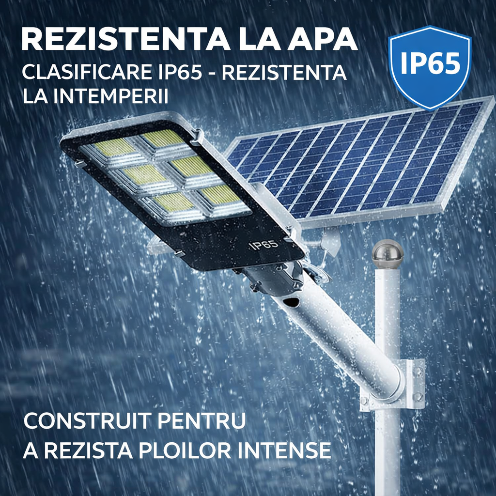 Lampa Solara Stradala 400W JORTAN cu 400 LED SMD, Panou Solar 38W, Baterie 35.000 mAh, Brat de Montare Inclus, Telecomanda pentru Controlul Lampii, Iluminare 6500K Alb Rece, Unghi 120°, Autonomie pana la 24h, Protectie IP66
