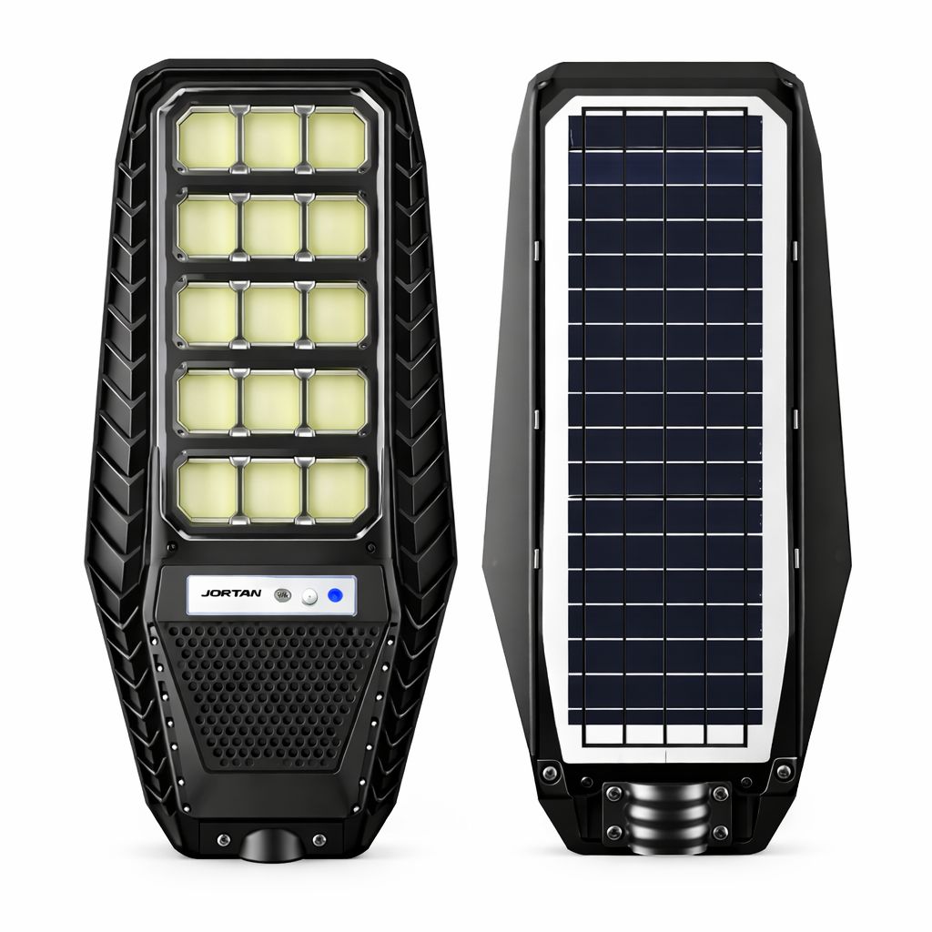 Lampa Solara Stradala 500W JORTAN, LED Puternic, Panou Solar Eficient, Baterie LiFePO4, Brat de Montare Inclus, Telecomanda, Iluminare 6000K Alb Rece, Senzor Miscare si Lumina, Autonomie pana la 12h, Protectie IP66