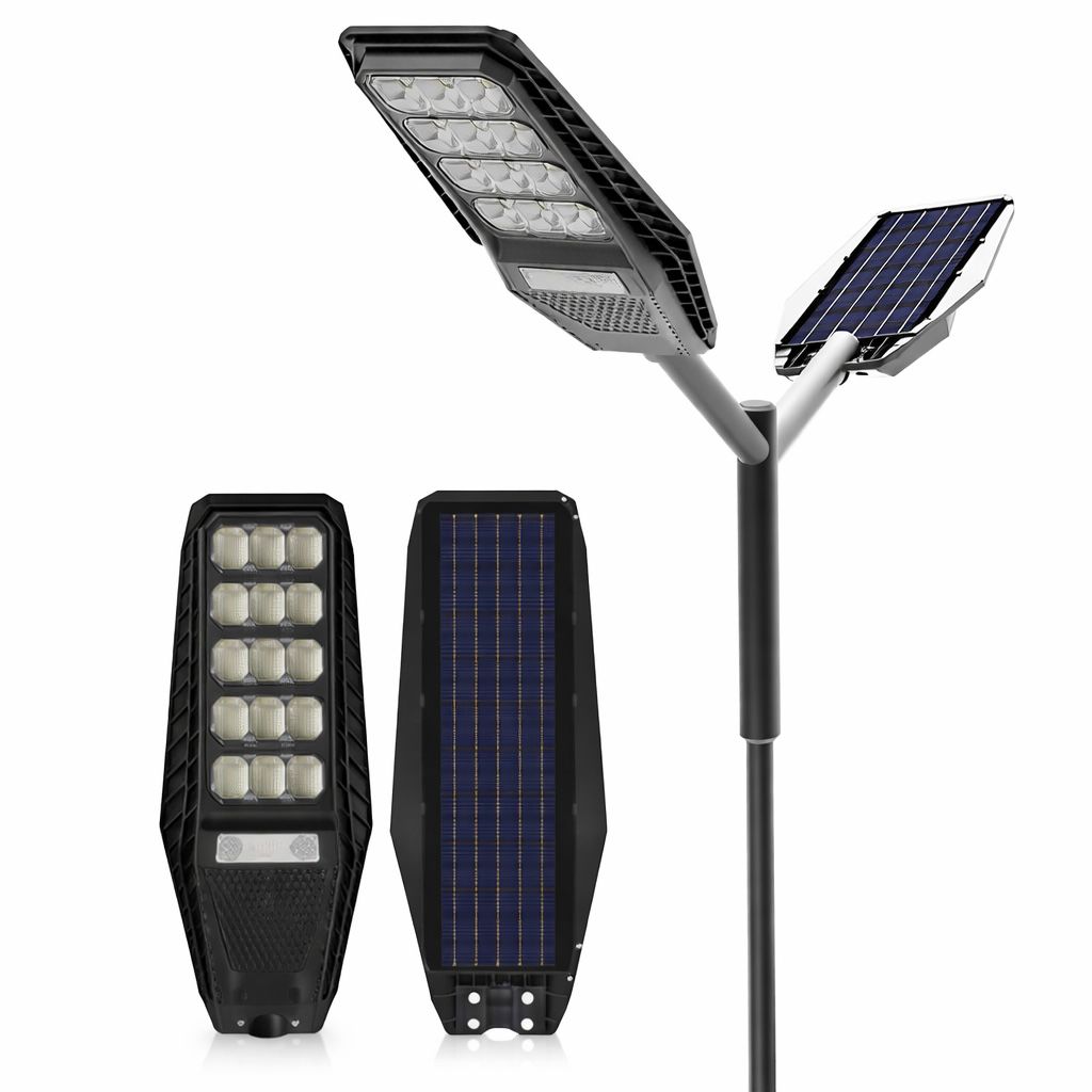 Lampa Solara Stradala 500W JORTAN, LED Puternic, Panou Solar Eficient, Baterie LiFePO4, Brat de Montare Inclus, Telecomanda, Iluminare 6000K Alb Rece, Senzor Miscare si Lumina, Autonomie pana la 12h, Protectie IP66