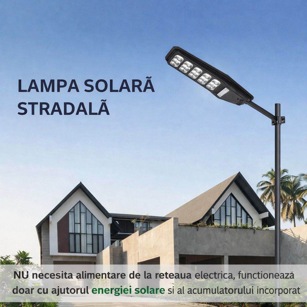 Lampa Solara Stradala 500W JORTAN, LED Puternic, Panou Solar Eficient, Baterie LiFePO4, Brat de Montare Inclus, Telecomanda, Iluminare 6000K Alb Rece, Senzor Miscare si Lumina, Autonomie pana la 12h, Protectie IP66