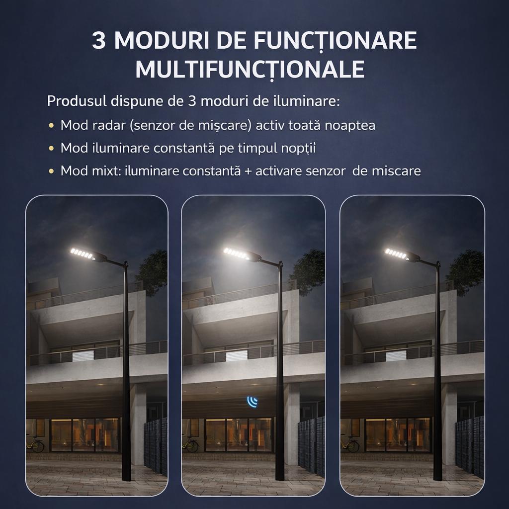 Lampa Solara Stradala 500W JORTAN, LED Puternic, Panou Solar Eficient, Baterie LiFePO4, Brat de Montare Inclus, Telecomanda, Iluminare 6000K Alb Rece, Senzor Miscare si Lumina, Autonomie pana la 12h, Protectie IP66