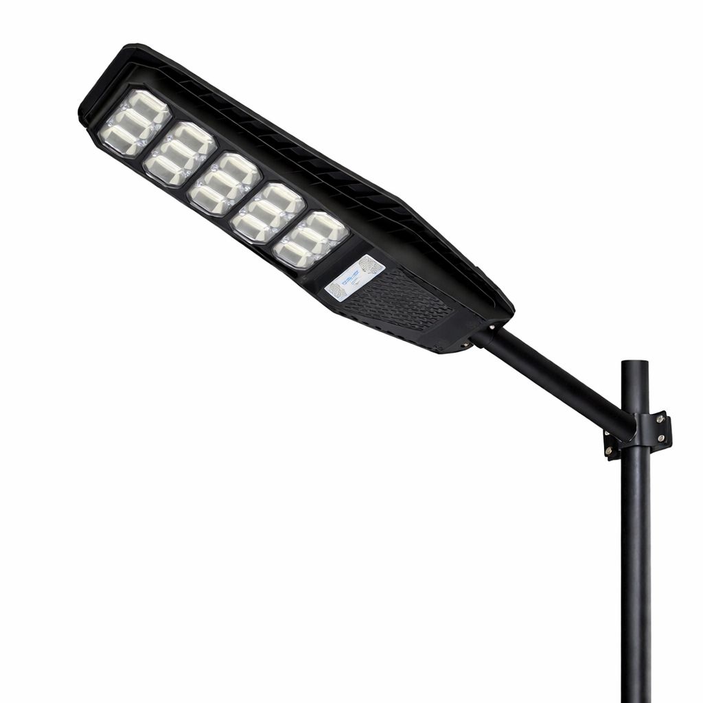 Lampa Solara Stradala 500W JORTAN, LED Puternic, Panou Solar Eficient, Baterie LiFePO4, Brat de Montare Inclus, Telecomanda, Iluminare 6000K Alb Rece, Senzor Miscare si Lumina, Autonomie pana la 12h, Protectie IP66