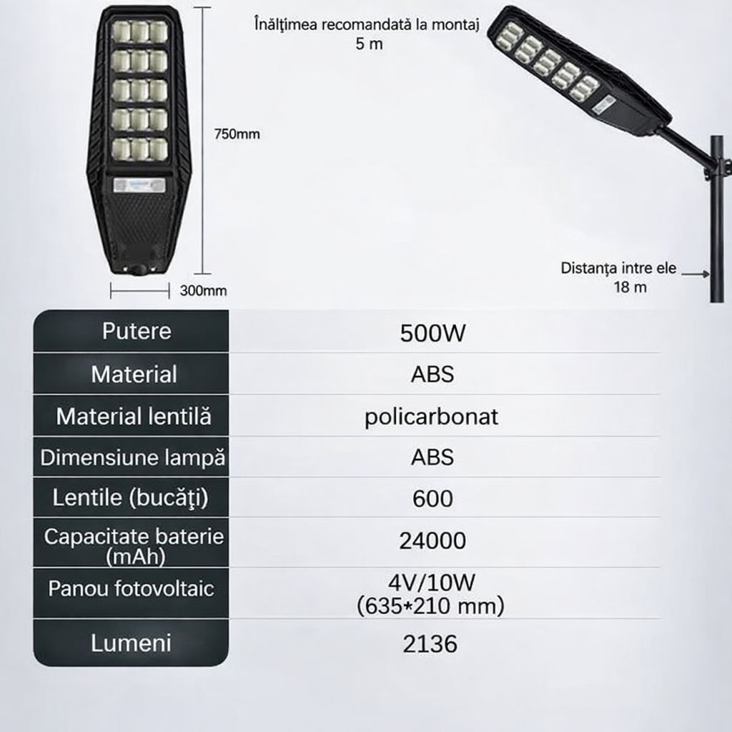 Lampa Solara Stradala 500W JORTAN, LED Puternic, Panou Solar Eficient, Baterie LiFePO4, Brat de Montare Inclus, Telecomanda, Iluminare 6000K Alb Rece, Senzor Miscare si Lumina, Autonomie pana la 12h, Protectie IP66