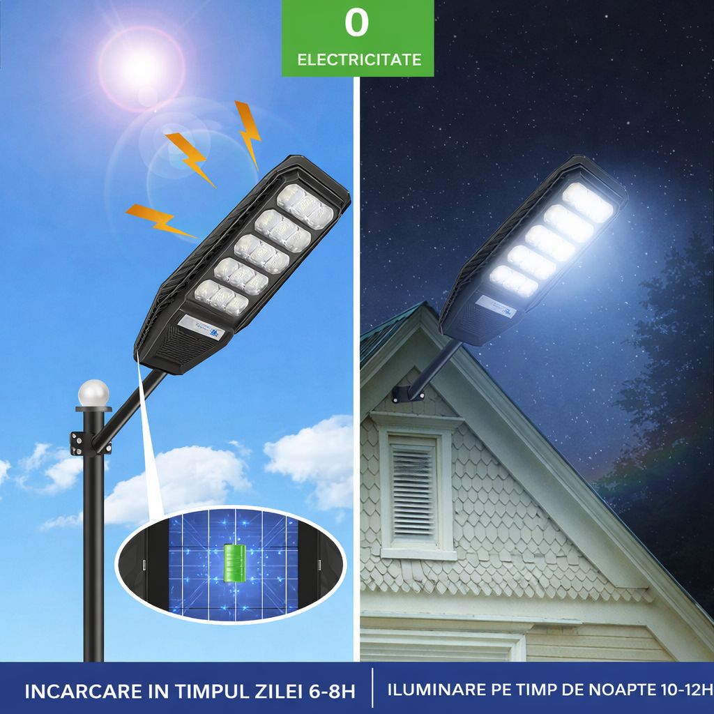Lampa Solara Stradala 500W JORTAN, LED Puternic, Panou Solar Eficient, Baterie LiFePO4, Brat de Montare Inclus, Telecomanda, Iluminare 6000K Alb Rece, Senzor Miscare si Lumina, Autonomie pana la 12h, Protectie IP66