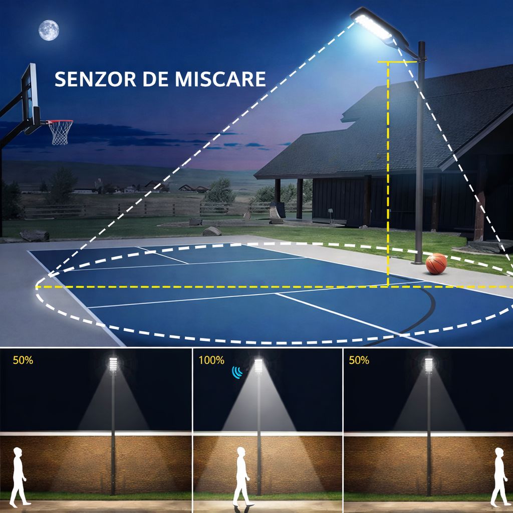 Lampa Solara Stradala 500W JORTAN, LED Puternic, Panou Solar Eficient, Baterie LiFePO4, Brat de Montare Inclus, Telecomanda, Iluminare 6000K Alb Rece, Senzor Miscare si Lumina, Autonomie pana la 12h, Protectie IP66