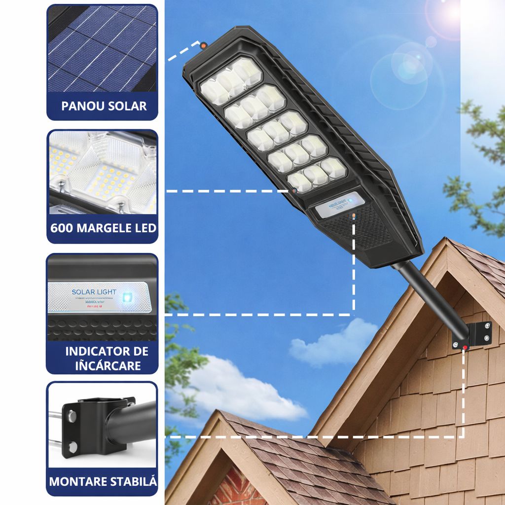 Lampa Solara Stradala 500W JORTAN, LED Puternic, Panou Solar Eficient, Baterie LiFePO4, Brat de Montare Inclus, Telecomanda, Iluminare 6000K Alb Rece, Senzor Miscare si Lumina, Autonomie pana la 12h, Protectie IP66