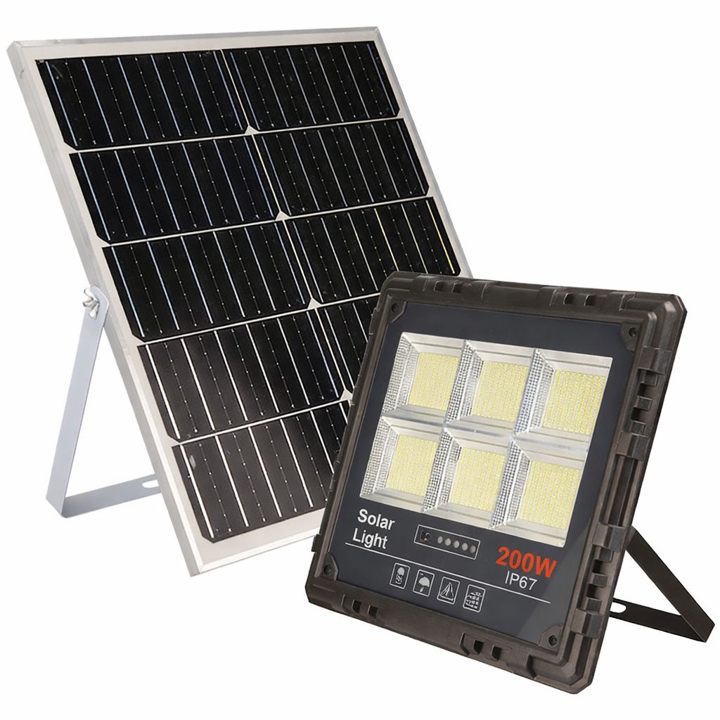 Proiector Solar LED JORTAN Exterior 200W, cu Panou Solar Extern, Telecomandă Wireless, Lumină Alb Rece, Carcasă Aluminiu, IP67 Rezistent la Apă și Praf, Set Complet, Dimensiune 27x24x6 cm, pentru Curte, Alee, Garaj și Parcare
