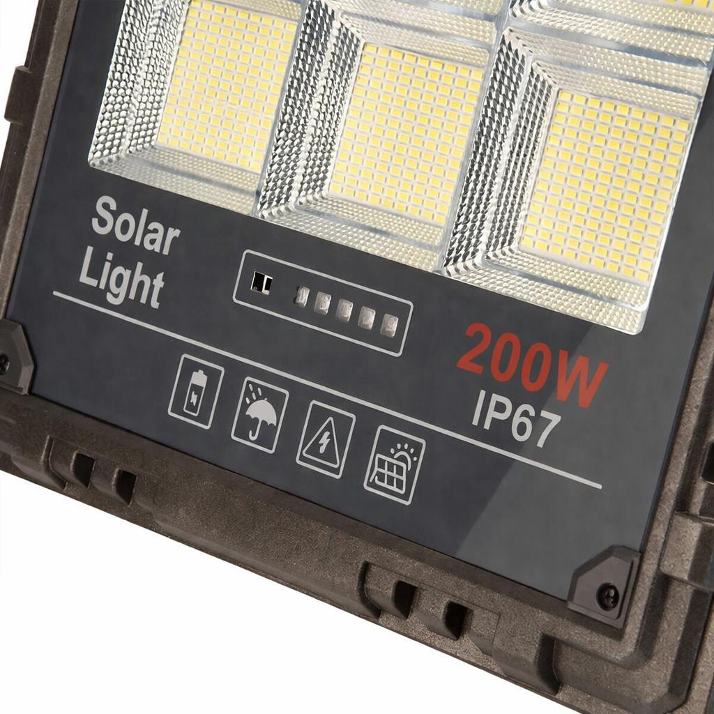 Proiector Solar LED JORTAN Exterior 200W, cu Panou Solar Extern, Telecomanda Wireless, Lumina Alb Rece, Carcasa Aluminiu, IP67 Rezistent la Apa si Praf, Set Complet, Dimensiune 27x24x6 cm, pentru Curte, Alee, Garaj si Parcare