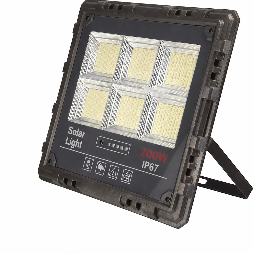 Proiector Solar LED JORTAN Exterior 200W, cu Panou Solar Extern, Telecomanda Wireless, Lumina Alb Rece, Carcasa Aluminiu, IP67 Rezistent la Apa si Praf, Set Complet, Dimensiune 27x24x6 cm, pentru Curte, Alee, Garaj si Parcare