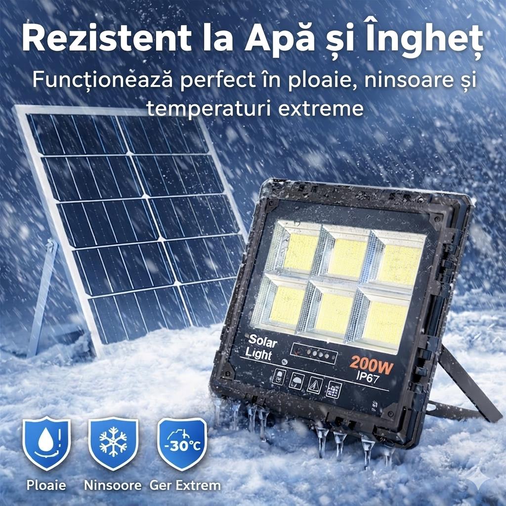 Proiector Solar LED JORTAN Exterior 200W, cu Panou Solar Extern, Telecomanda Wireless, Lumina Alb Rece, Carcasa Aluminiu, IP67 Rezistent la Apa si Praf, Set Complet, Dimensiune 27x24x6 cm, pentru Curte, Alee, Garaj si Parcare