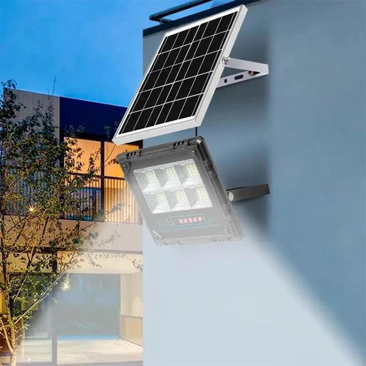 Proiector Solar LED JORTAN Exterior 200W, cu Panou Solar Extern, Telecomanda Wireless, Lumina Alb Rece, Carcasa Aluminiu, IP67 Rezistent la Apa si Praf, Set Complet, Dimensiune 27x24x6 cm, pentru Curte, Alee, Garaj si Parcare