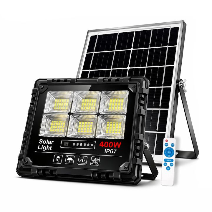 Proiector Solar LED JORTAN Exterior 400W, cu Panou Solar Extern, Telecomandă Wireless, Lumină Alb Rece, Carcasă Aluminiu, IP67 Rezistent la Apă și Praf, Set Complet, Dimensiune 27x24x6 cm, pentru Curte, Alee, Garaj și Parcare