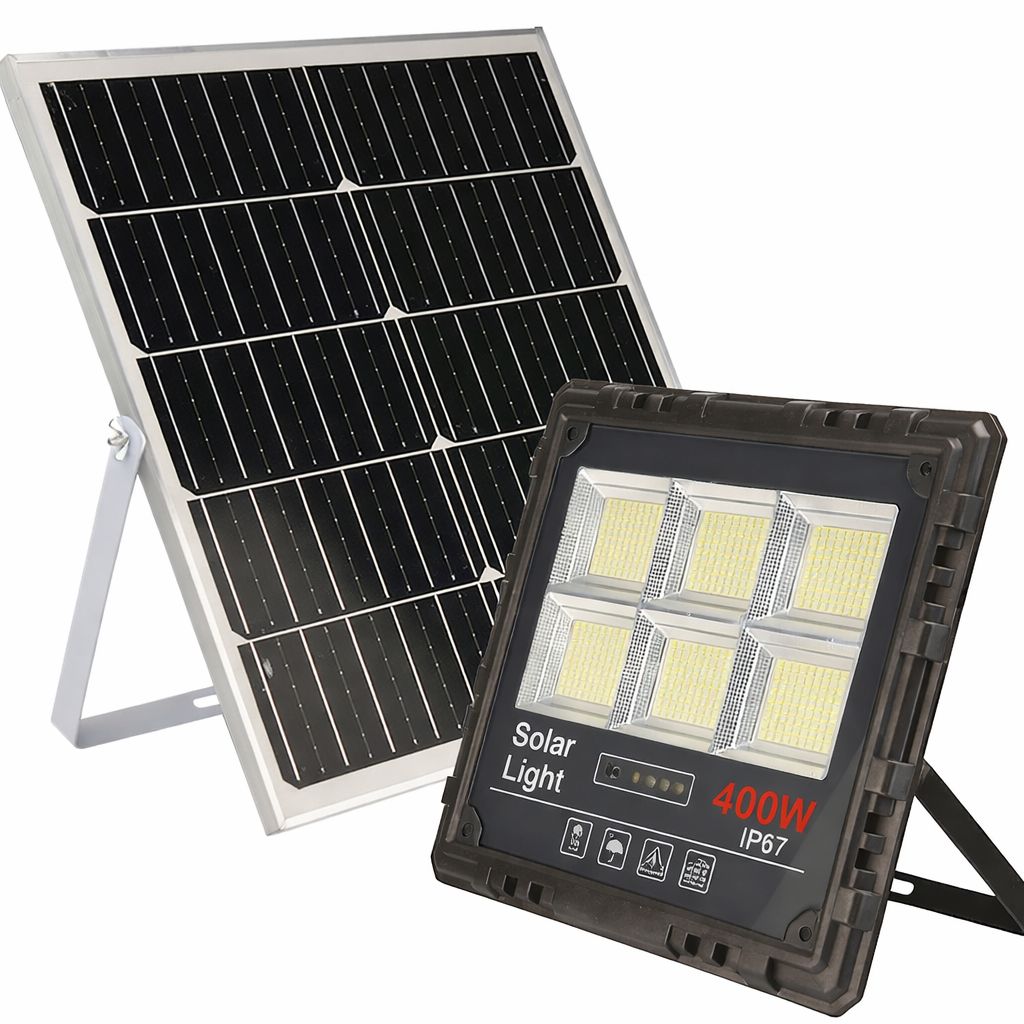 Proiector Solar LED JORTAN Exterior 400W, cu Panou Solar Extern, Telecomandă Wireless, Lumină Alb Rece, Carcasă Aluminiu, IP67 Rezistent la Apă și Praf, Set Complet, Dimensiune 27x24x6 cm, pentru Curte, Alee, Garaj și Parcare