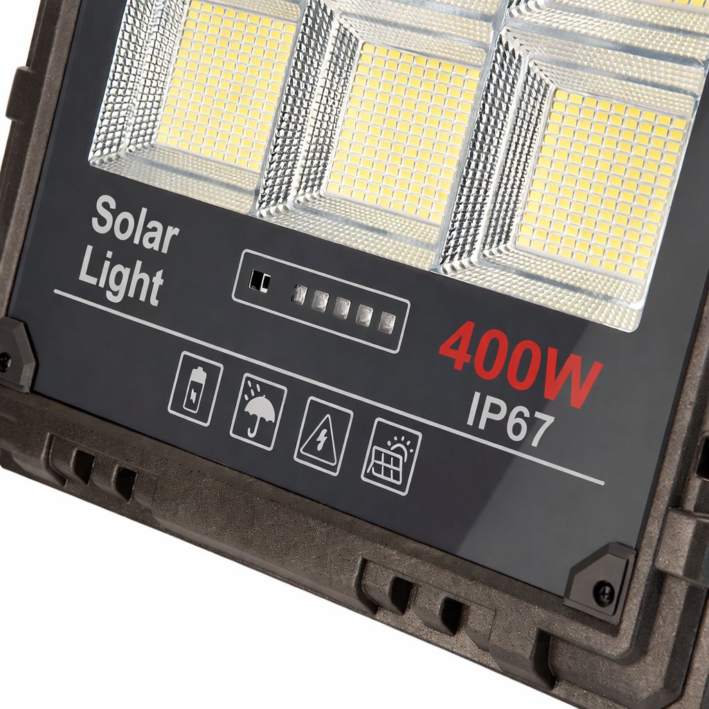 Proiector Solar LED JORTAN Exterior 400W, cu Panou Solar Extern, Telecomanda Wireless, Lumina Alb Rece, Carcasa Aluminiu, IP67 Rezistent la Apa si Praf, Set Complet, Dimensiune 27x24x6 cm, pentru Curte, Alee, Garaj si Parcare