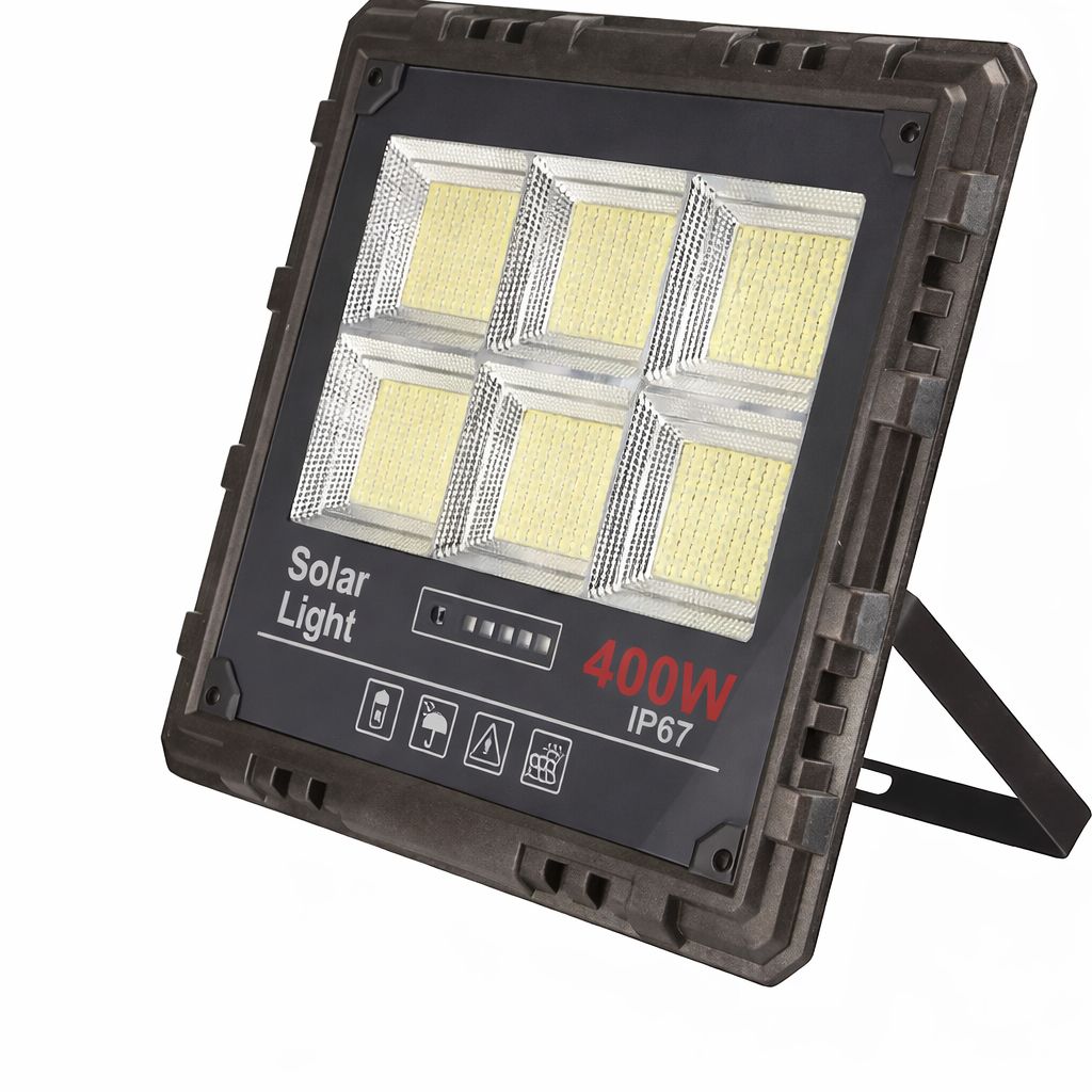 Proiector Solar LED JORTAN Exterior 400W, cu Panou Solar Extern, Telecomanda Wireless, Lumina Alb Rece, Carcasa Aluminiu, IP67 Rezistent la Apa si Praf, Set Complet, Dimensiune 27x24x6 cm, pentru Curte, Alee, Garaj si Parcare