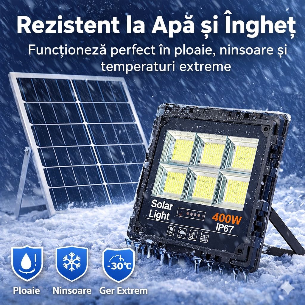 Proiector Solar LED JORTAN Exterior 400W, cu Panou Solar Extern, Telecomanda Wireless, Lumina Alb Rece, Carcasa Aluminiu, IP67 Rezistent la Apa si Praf, Set Complet, Dimensiune 27x24x6 cm, pentru Curte, Alee, Garaj si Parcare