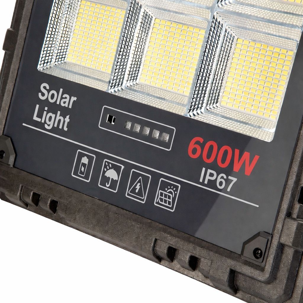 Proiector Solar LED JORTAN Exterior 600W, cu Panou Solar Extern, Telecomanda Wireless, Lumina Alb Rece, Carcasa Aluminiu, IP67 Rezistent la Apa si Praf, Set Complet, Dimensiune 32x28x6.5cm, pentru Curte, Alee, Garaj si Parcare