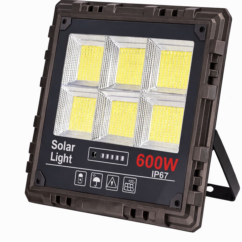 Proiector Solar LED JORTAN Exterior 600W, cu Panou Solar Extern, Telecomanda Wireless, Lumina Alb Rece, Carcasa Aluminiu, IP67 Rezistent la Apa si Praf, Set Complet, Dimensiune 32x28x6.5cm, pentru Curte, Alee, Garaj si Parcare