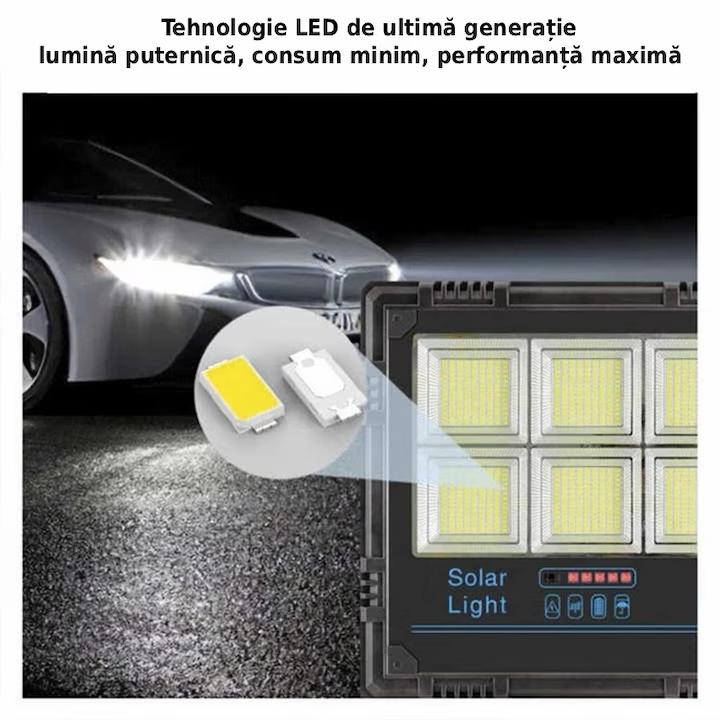 Proiector Solar LED JORTAN Exterior 1000W, cu Panou Solar Extern, Telecomanda Wireless, Lumina Alb Rece, Carcasa Aluminiu, IP67 Rezistent la Apa și Praf, Set Complet, Dimensiune 39x33x7.5cm, pentru Curte, Alee, Garaj si Parcare