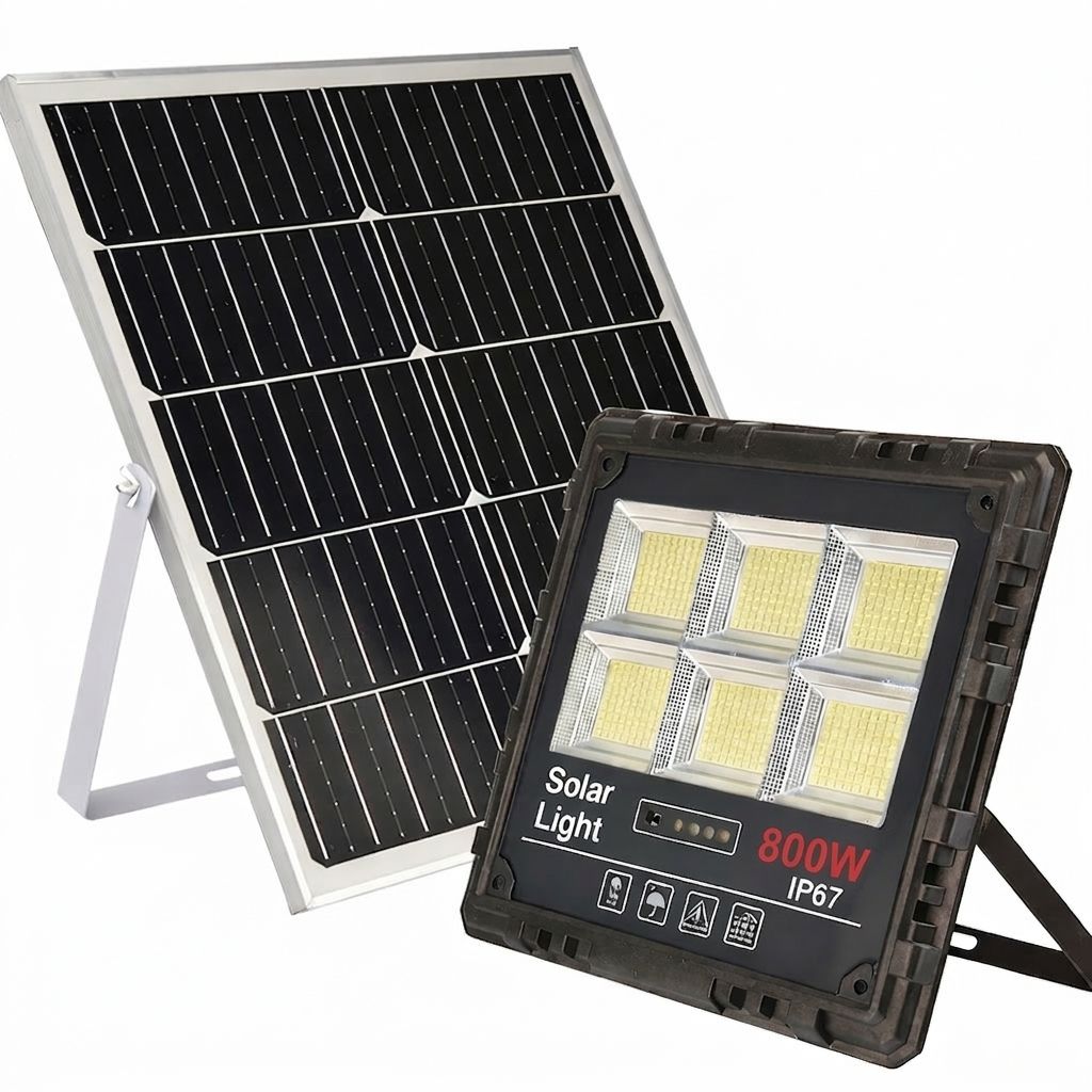 Proiector Solar LED JORTAN Exterior 800W, cu Panou Solar Extern, Telecomandă Wireless, Lumină Alb Rece, Carcasă Aluminiu, IP67 Rezistent la Apă și Praf, Set Complet, Dimensiune 39x33x7.5cm, pentru Curte, Alee, Garaj și Parcare