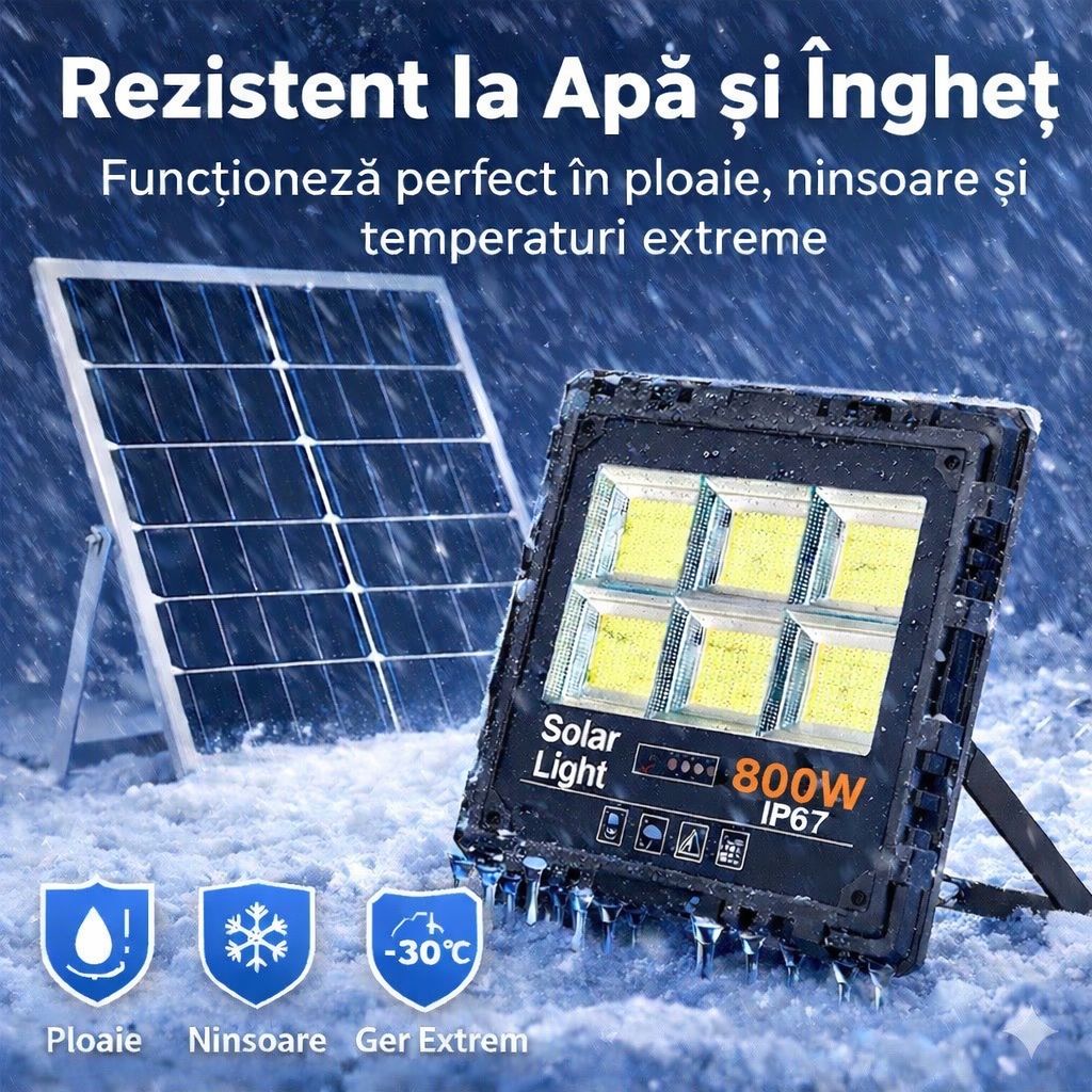 Proiector Solar LED JORTAN Exterior 800W, cu Panou Solar Extern, Telecomanda Wireless, Lumina Alb Rece, Carcasa Aluminiu, IP67 Rezistent la Apa și Praf, Set Complet, Dimensiune 39x33x7.5cm, pentru Curte, Alee, Garaj și Parcare