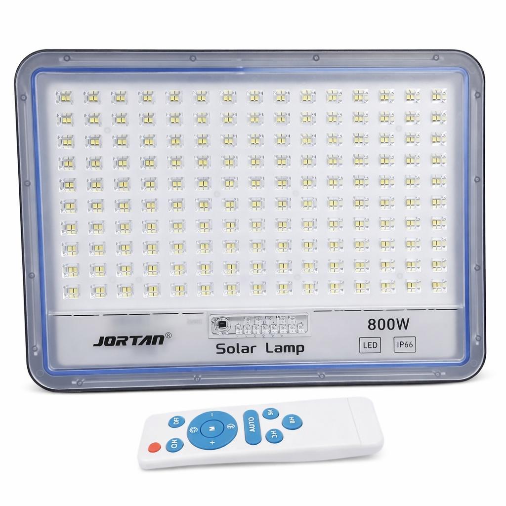 Proiector Solar LED JORTAN Exterior 800W, 360 LED SMD, cu Panou Solar 40W Extern, Telecomanda, Lumina Alb Rece, Senzor Lumina, IP66 Rezistent la Apa si Praf, pentru Curte, Gradina, Alee, Garaj si Parcare
