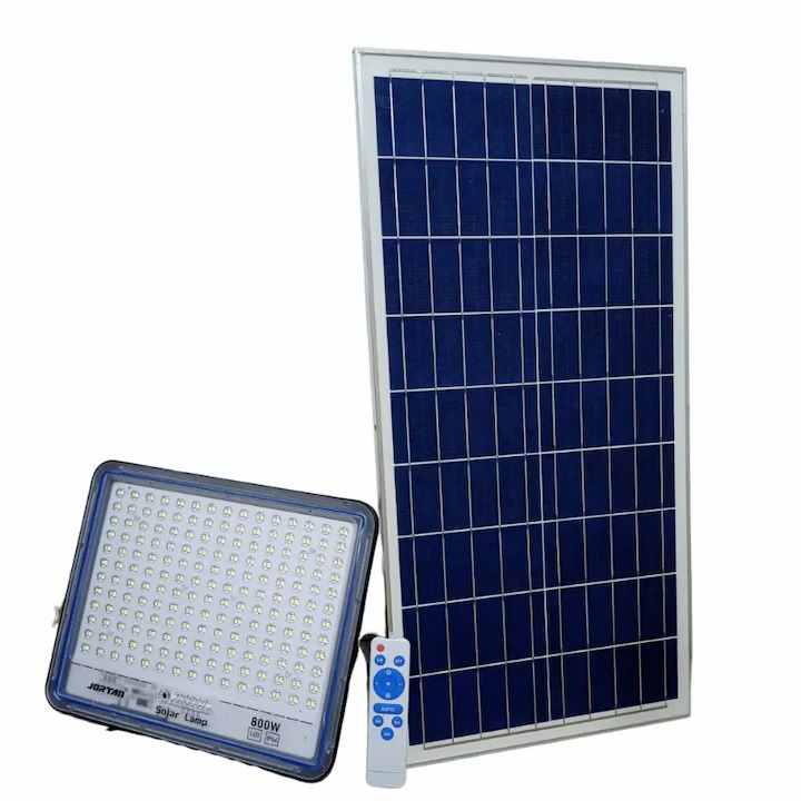Proiector Solar LED JORTAN Exterior 800W, 360 LED SMD, cu Panou Solar 40W Extern, Telecomanda, Lumina Alb Rece, Senzor Lumina, IP66 Rezistent la Apa si Praf, pentru Curte, Gradina, Alee, Garaj si Parcare
