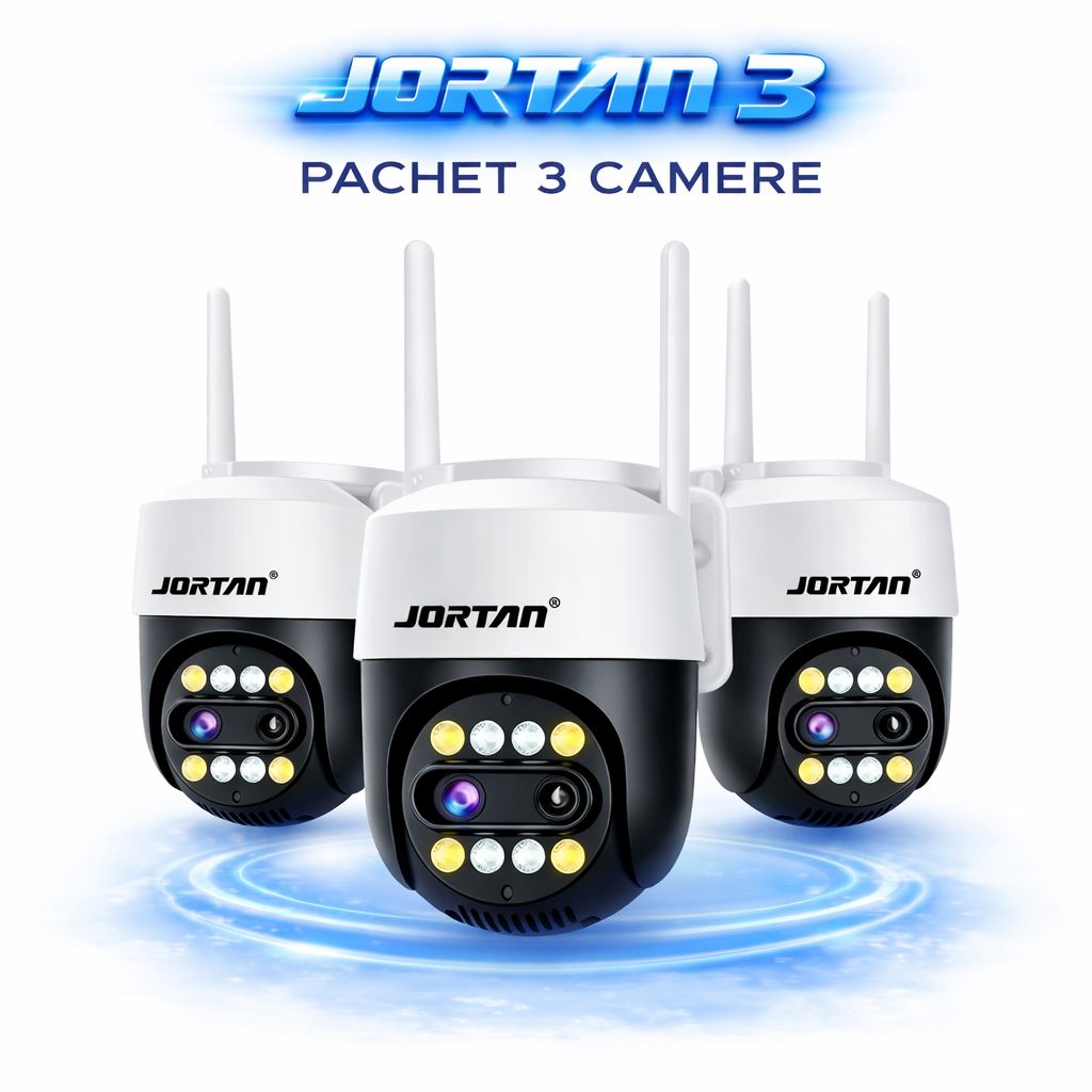 Pachet 3 Camere de Supraveghere WiFi Jortan 3XM, 6MP, Dual Lens, PTZ 360°, IP66, Zoom Optic 8X, Vedere Nocturna Color, Audio Bidirectional, Aplicatie ICSee, 3 Carduri MicroSD 32GB Incluse