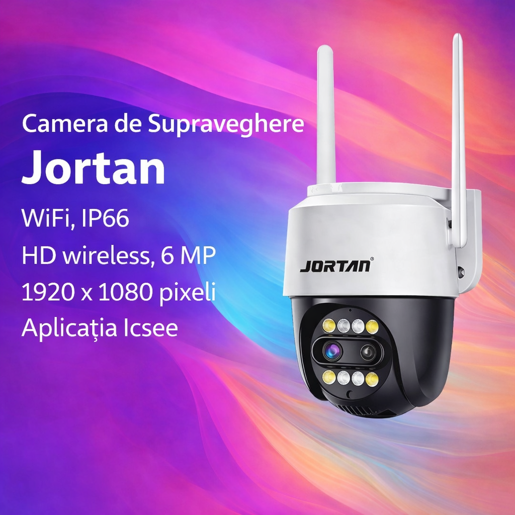 Cameră de Supraveghere WiFi Jortan 3XM, 6MP, Dual Lens, PTZ 360°, IP66, Zoom Optic 8X, Vedere Nocturnă Color, Audio Bidirecțional, Aplicație ICSee, Card MicroSD 32GB Inclus