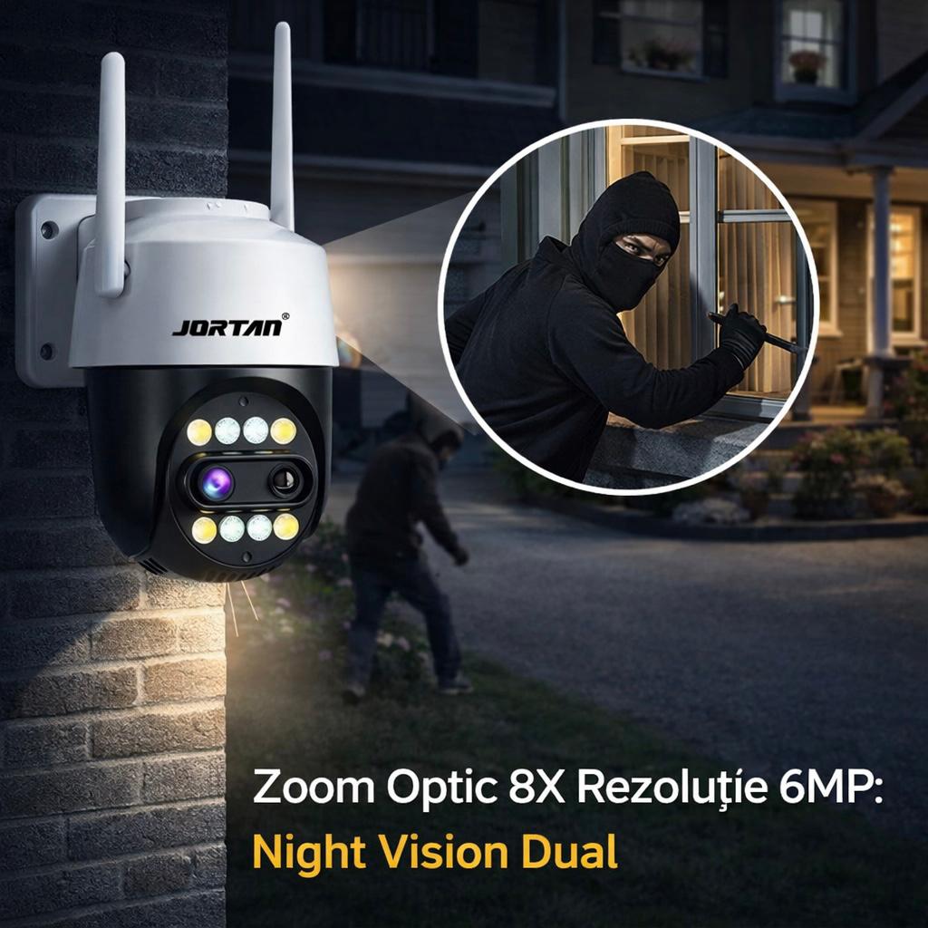 Pachet 3 Camere de Supraveghere WiFi Jortan 3XM, 6MP, Dual Lens, PTZ 360°, IP66, Zoom Optic 8X, Vedere Nocturna Color, Audio Bidirectional, Aplicatie ICSee, 3 Carduri MicroSD 32GB Incluse
