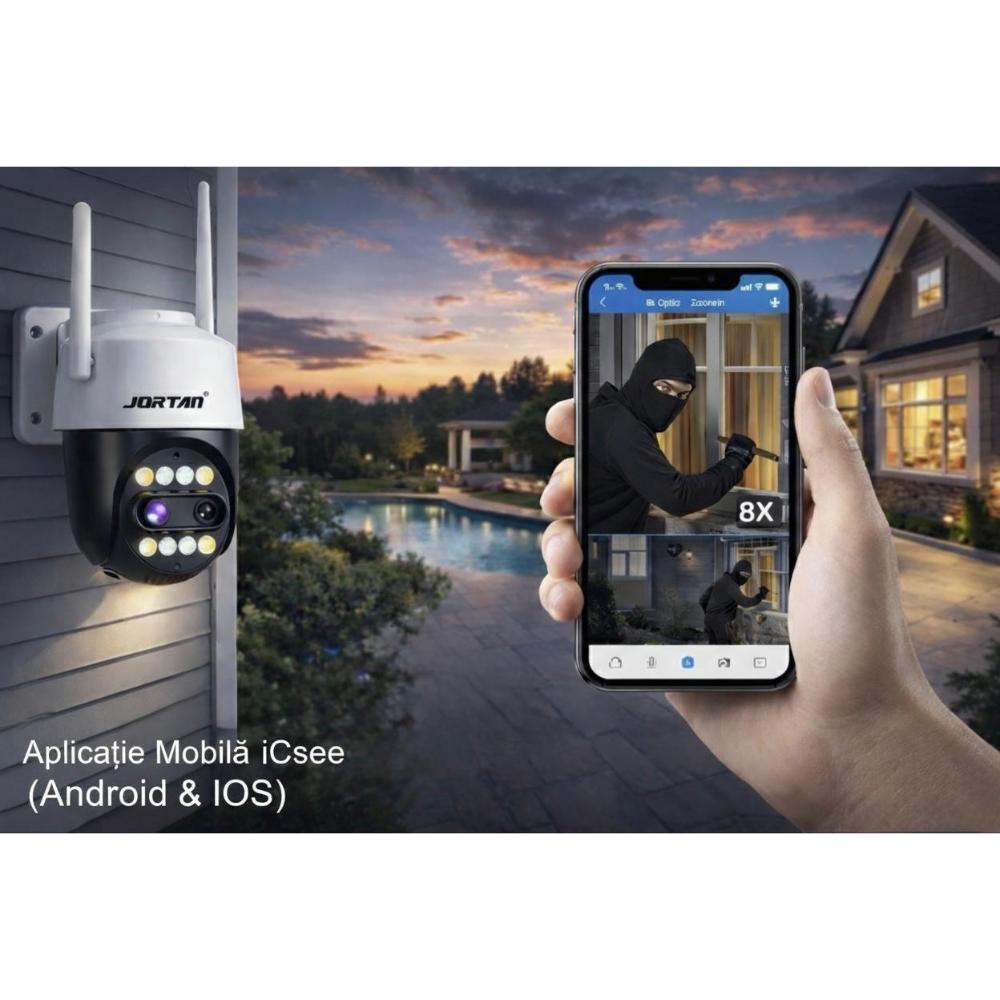 Pachet 3 Camere de Supraveghere WiFi Jortan 3XM, 6MP, Dual Lens, PTZ 360°, IP66, Zoom Optic 8X, Vedere Nocturna Color, Audio Bidirectional, Aplicatie ICSee, 3 Carduri MicroSD 32GB Incluse