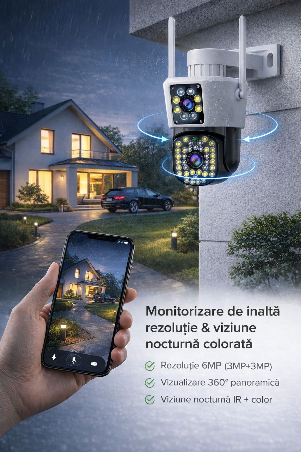 Camera de Supraveghere WiFi Jortan 8293QJ, 6MP, Dual Lens, PTZ 360°, Exterior IP66, Vedere Nocturna Color, Audio Bidirectional, Aplicatie Yoosee, Card MicroSD 32GB Inclus