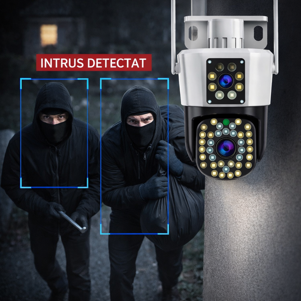 Camera de Supraveghere WiFi Jortan 8293QJ, 6MP, Dual Lens, PTZ 360°, Exterior IP66, Vedere Nocturna Color, Audio Bidirectional, Aplicatie Yoosee, Card MicroSD 32GB Inclus