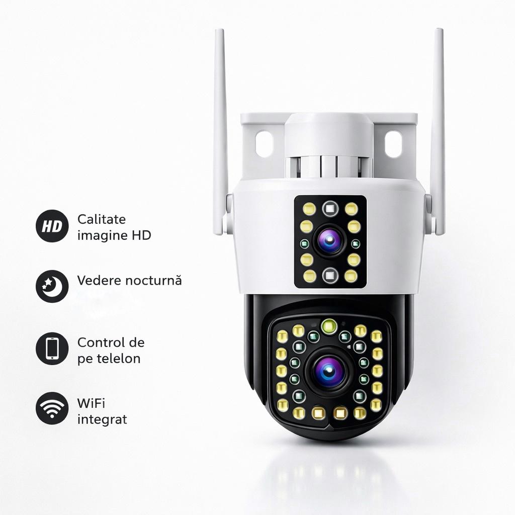 Camera de Supraveghere WiFi Jortan 8293QJ, 6MP, Dual Lens, PTZ 360°, Exterior IP66, Vedere Nocturna Color, Audio Bidirectional, Aplicatie Yoosee, Card MicroSD 32GB Inclus