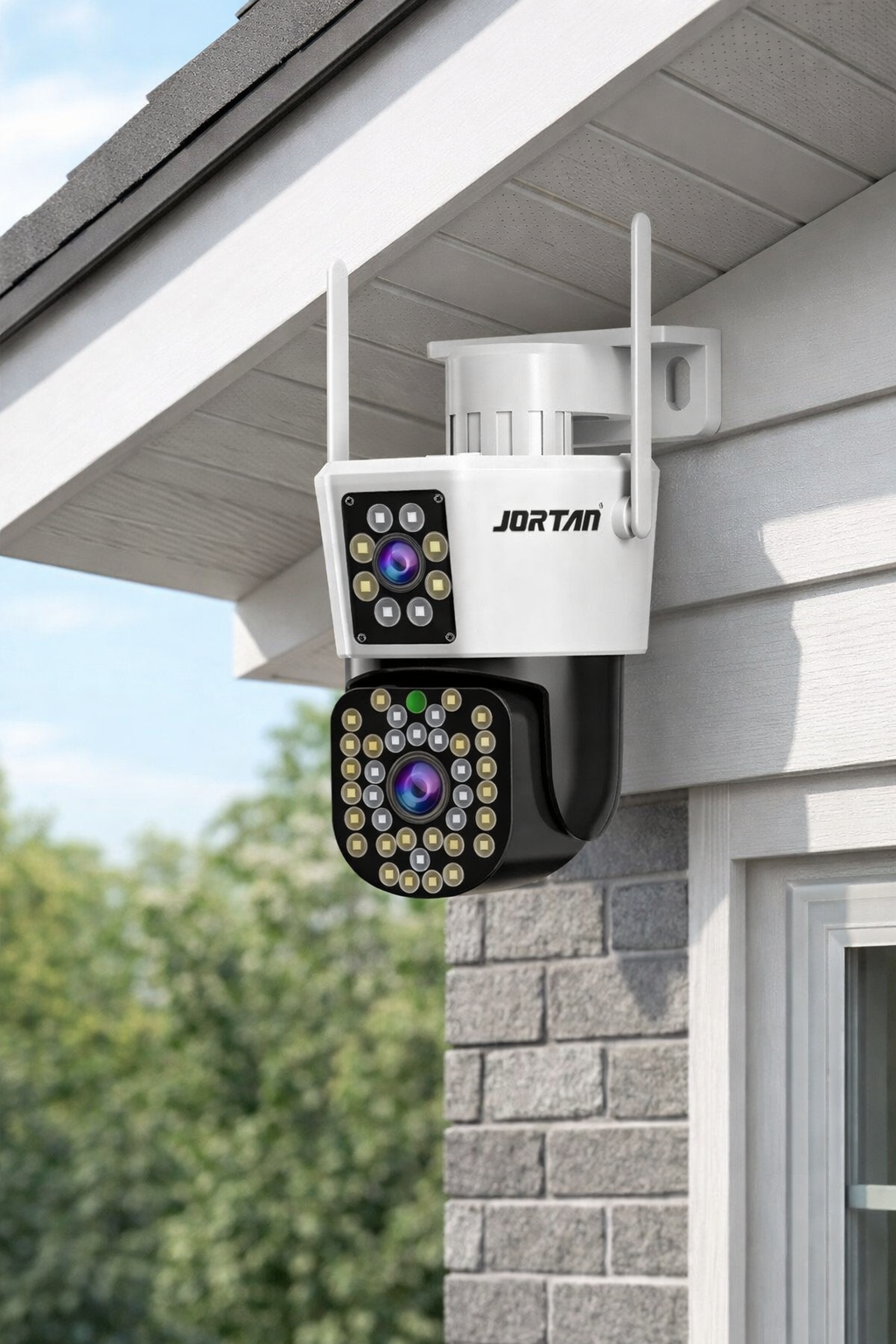 Camera de Supraveghere WiFi Jortan 8293QJ, 6MP, Dual Lens, PTZ 360°, Exterior IP66, Vedere Nocturna Color, Audio Bidirectional, Aplicatie Yoosee, Card MicroSD 32GB Inclus