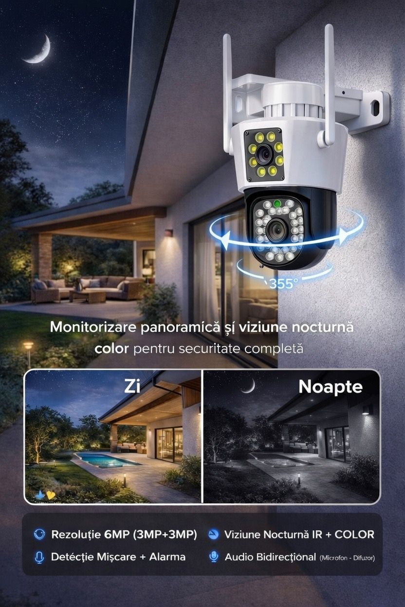 Camera de Supraveghere WiFi Jortan 8293QJ, 6MP, Dual Lens, PTZ 360°, Exterior IP66, Vedere Nocturna Color, Audio Bidirectional, Aplicatie Yoosee, Card MicroSD 32GB Inclus